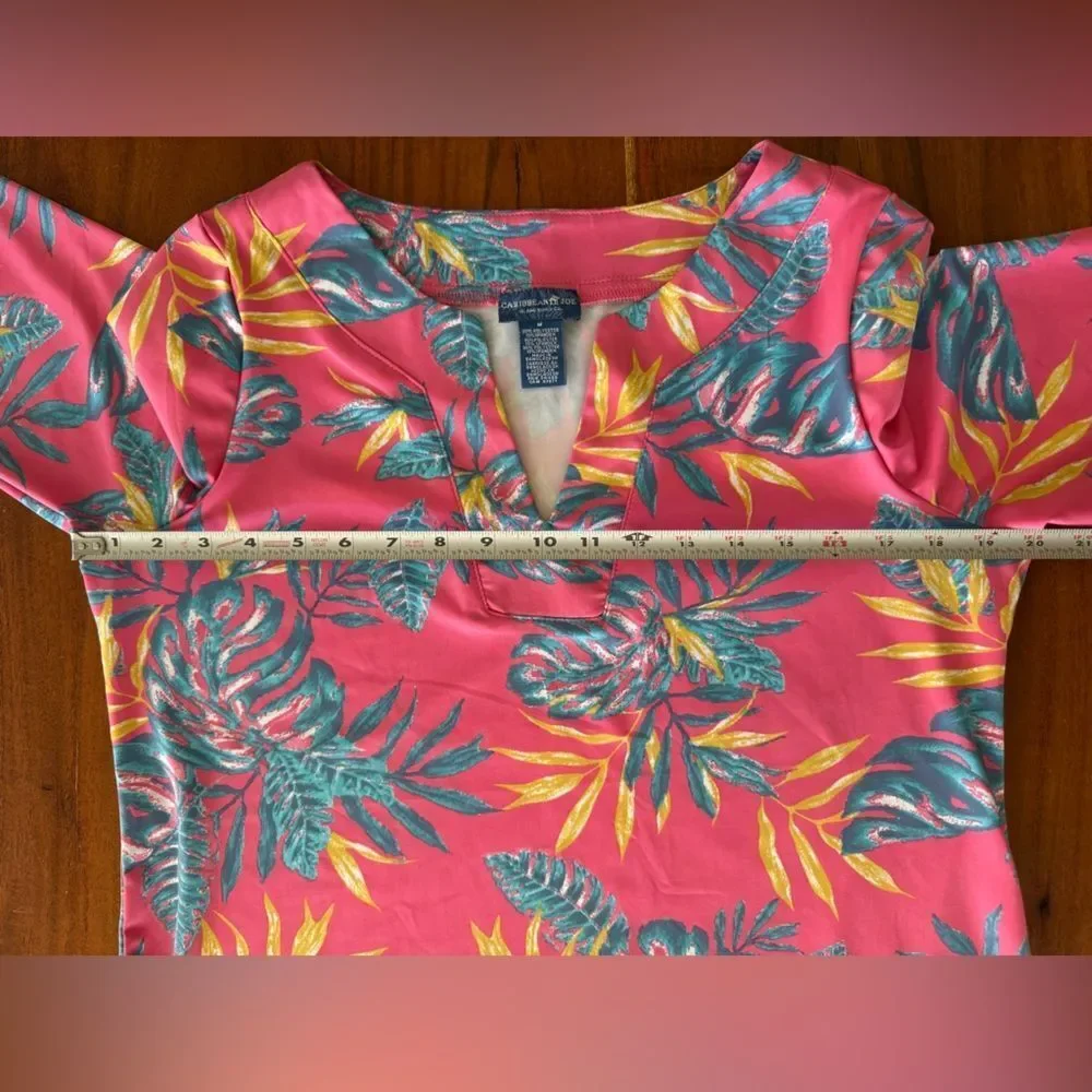 Caribbean Joe Tropical Floral Notch Neck Shift Dress Pink Blue Size Medium